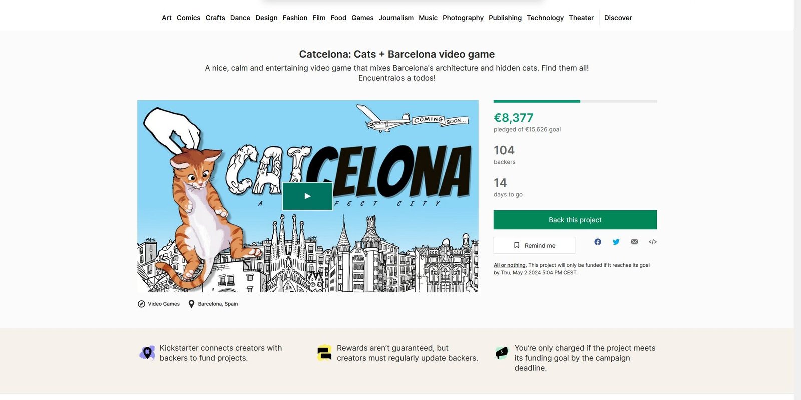 Catcelona Kickstarter Page on April 18, 2024.